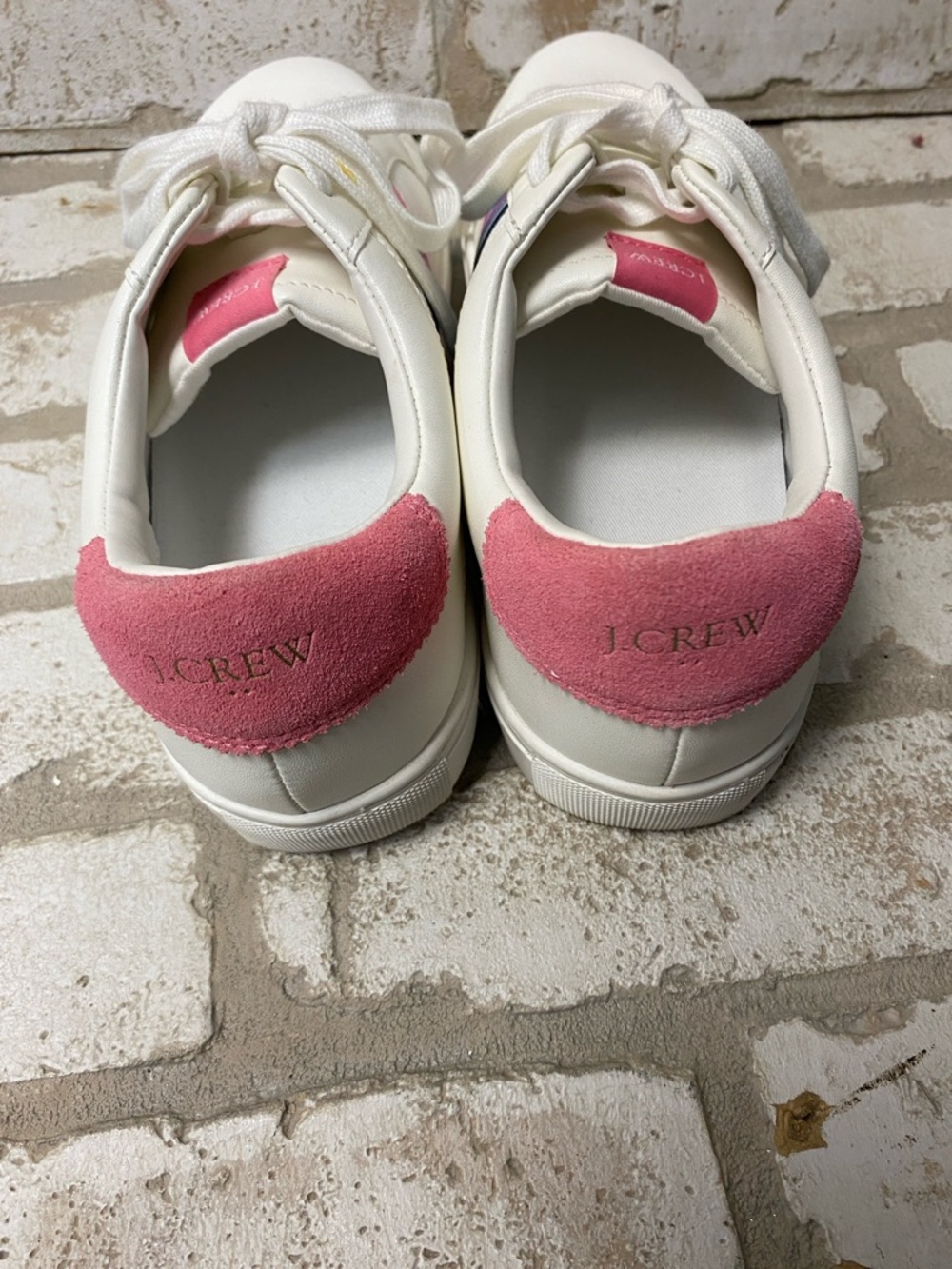 J. Crew White Sneakers with Pink Heel and Multicolor Stripe - Picture 2 of 3